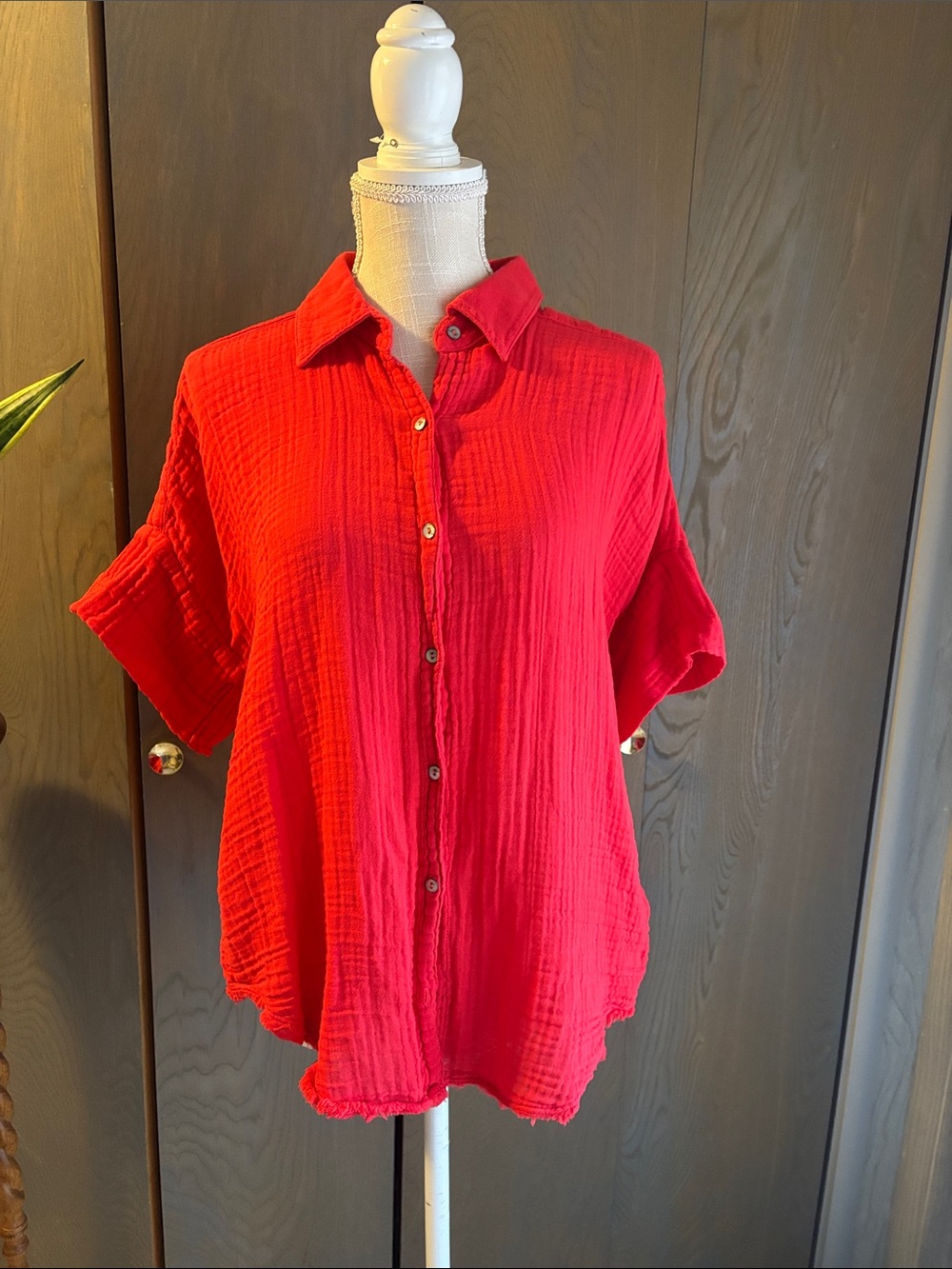 Michael Stars Bailey Poppy Red Short-Sleeve Button-Down Gauze Shirt